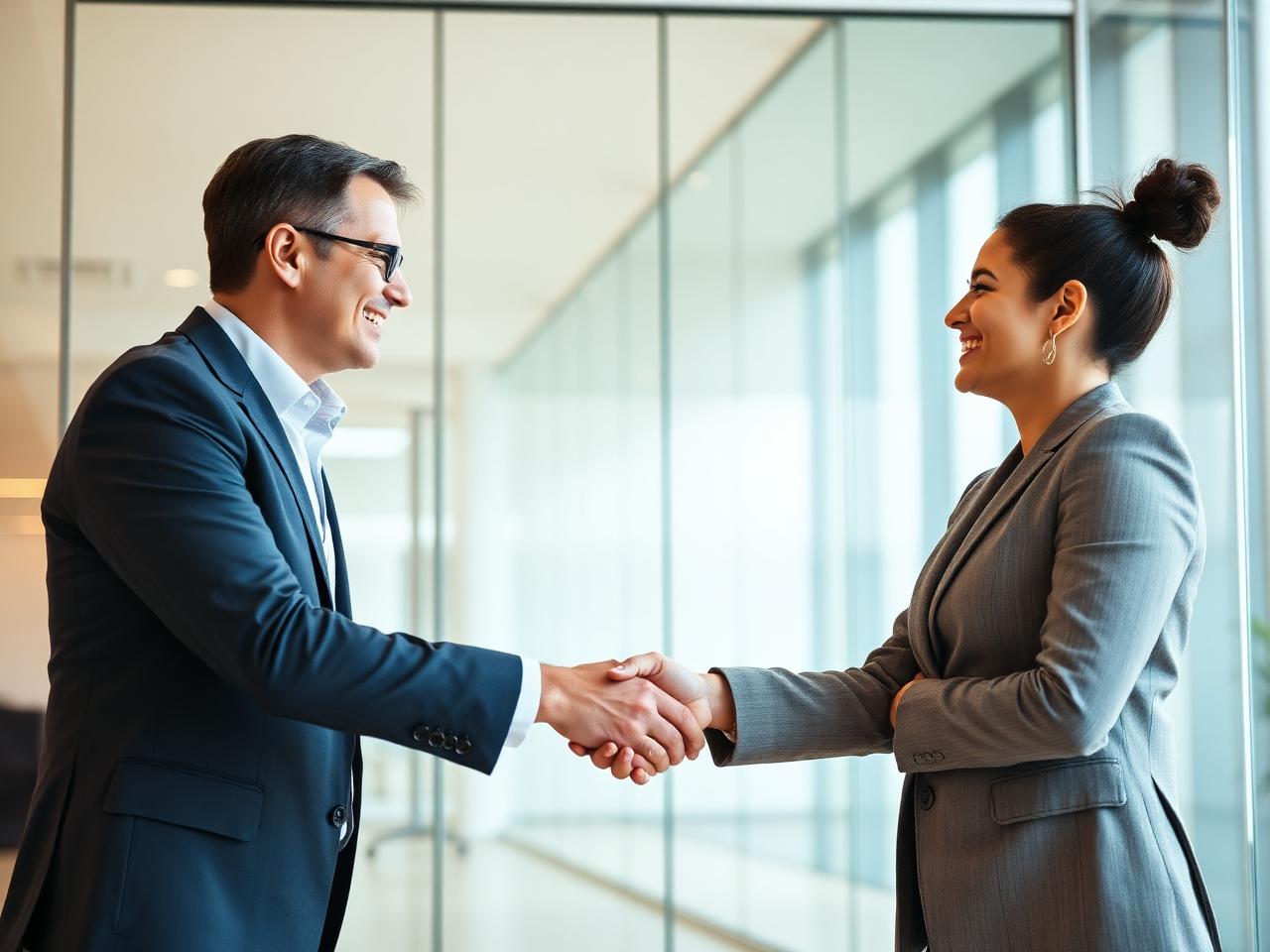 Zwei Geschäftspersonen beim Handschlag in einem modernen Büro