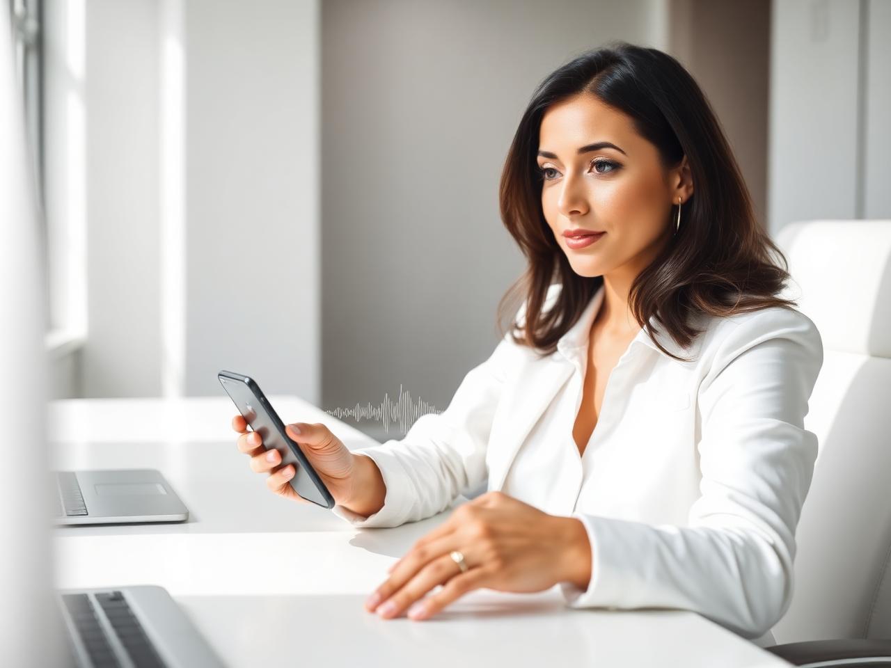 Geschäftsführerin im modernen Büro mit KI-Telefonassistent auf dem Smartphone